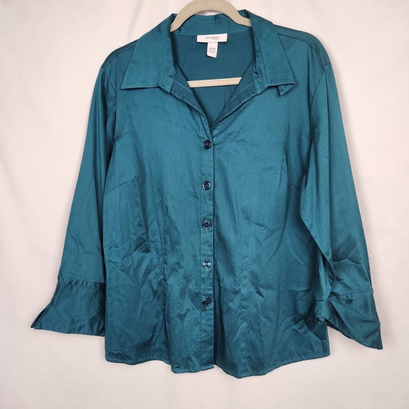 Dressbarn Woman Teal Button Down 3/4 Sleeve Blouse Size 14/16W - Picture 1 of 5
